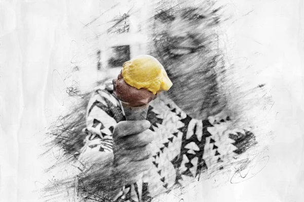 Retrato Mujer Comiendo Helado Estilo Dibujo Lápiz —  Fotos de Stock