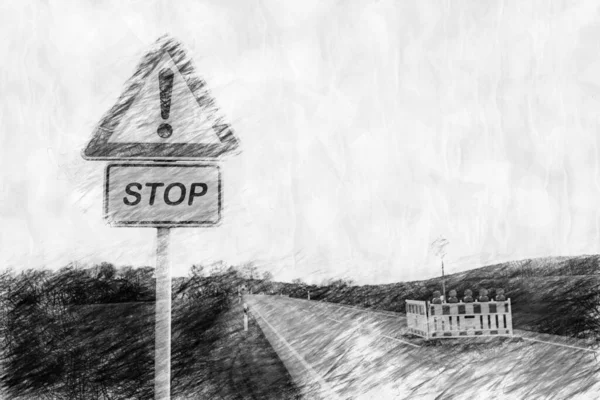 road block with street sign in pencil drawing style