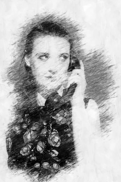Portret Młodej Kobiety Rozmawiającej Przez Telefon Vintage Stylu Rysunku Ołówka — Zdjęcie stockowe