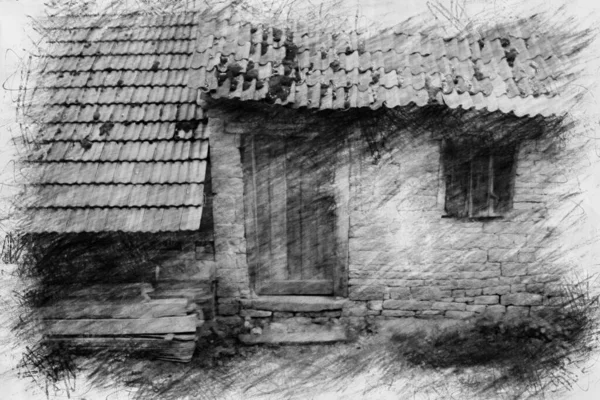 Old Abandoned House Boarded Pencil Drawing Style — Stock Photo, Image