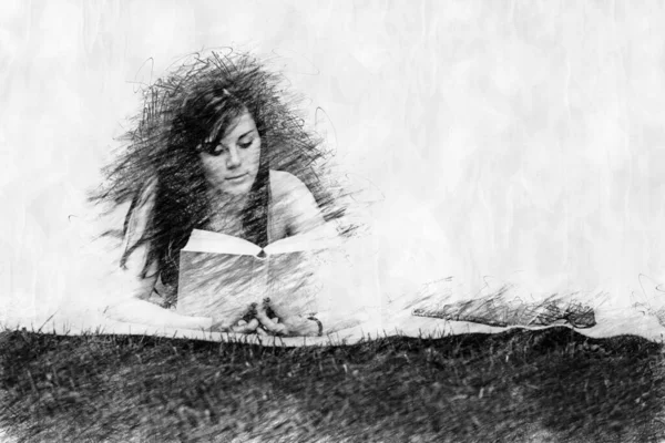 Young Woman Lying Blanket Iand Reading Book Pencil Drawing Style — стоковое фото