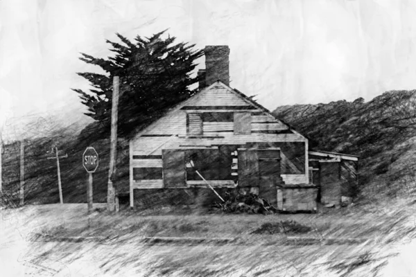 Velha Casa Abandonada Embarcada Estilo Desenho Lápis — Fotografia de Stock