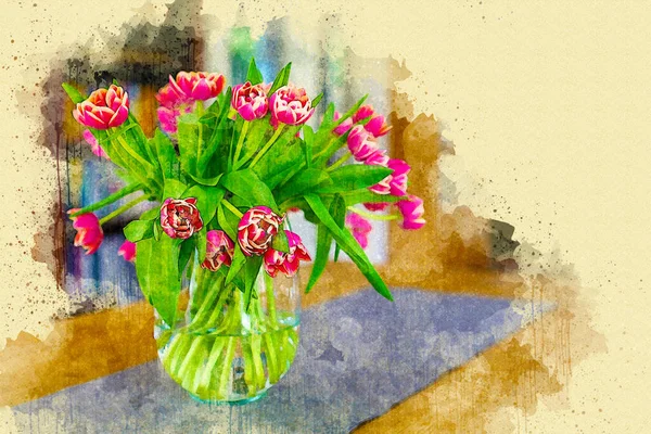 Vase Avec Tulipes Sur Table Dans Style Aquarelle — Photo