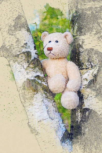 Teddy Bear Putih Yang Lucu Duduk Pohon Dengan Gaya Sketsa — Stok Foto