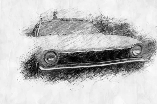 Frente Velho Carro Vintage Década 1970 Estilo Desenho Lápis — Fotografia de Stock