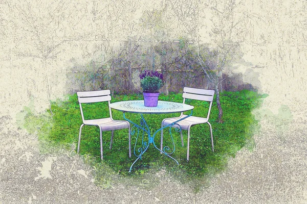 라벤더가 탁자와 정원에 수채화 스케치를 — 스톡 사진