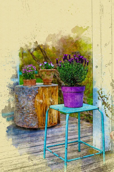 Holzterrasse Mit Blumentöpfen Und Garten Aquarell Skizzenstil — Stockfoto