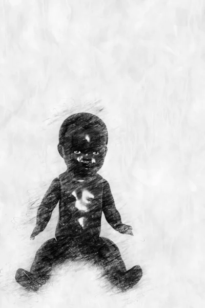 Μαύρη Κούκλα Λευκό Φόντο Στυλ Σχεδίασης Μολύβι — Φωτογραφία Αρχείου