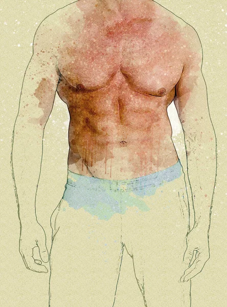 Closeup Muscular Shirtless Man Watercolor Sketch Style — Stock Photo, Image