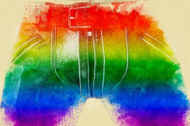 Gökkuşağı renginde erkek deri pantolonu suluboya stilinde gay gururu için