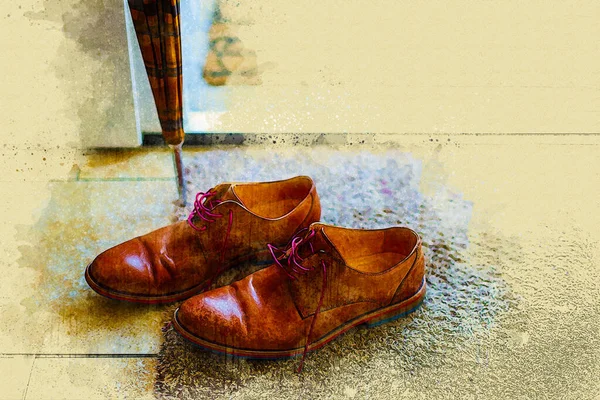 Sapatos Castanhos Guarda Chuva Porta Entrada Estilo Aquarela — Fotografia de Stock