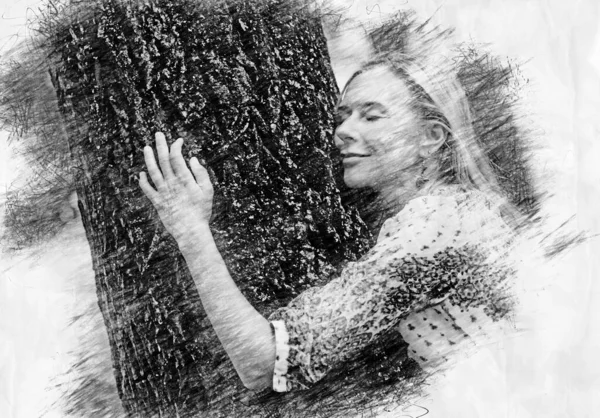 Blond Woman Hugging Tree Pencil Drawing Style — Stock Photo, Image