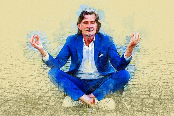 Homem Negócios Sentado Meditando Estilo Desenho Lápis Aquarela — Fotografia de Stock