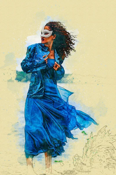 Kvinna Blå Klänning Och Maskerad Akvarell Stil — Stockfoto