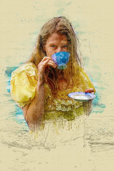 Mujer Rubia Vestido Histórico Amarillo Sosteniendo Una Taza Estilo Dibujo — Foto de Stock