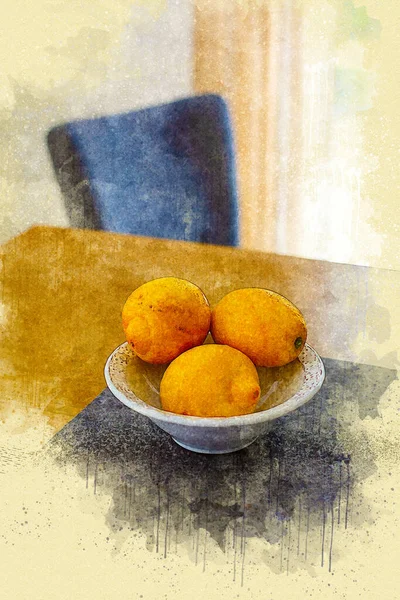 水彩画風の木のテーブルの上のボウルに3つのレモン — ストック写真