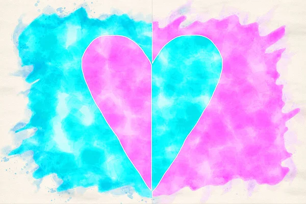 一颗心在水彩画中被蓝色和粉色分开 — 图库照片