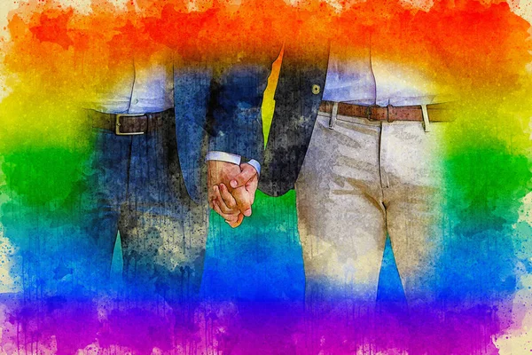 Dois Homens Ternos Mãos Dadas Com Bandeira Arco Íris Estilo — Fotografia de Stock