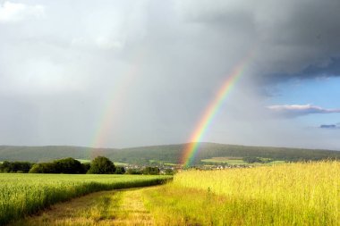 Bir alan yolu manzarası ve arka planda gökkuşağı olan küçük bir köy.