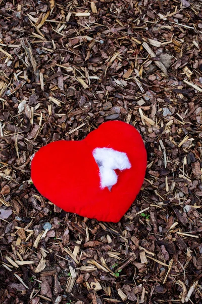 Red Ripped Stuffed Heart Lying Floor — Stock Photo, Image
