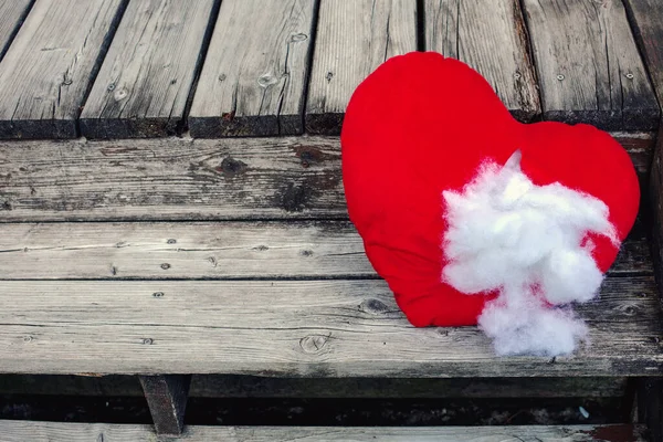 Red Ripped Stuffed Heart Lying Old Wooden Steps — Stock Photo, Image