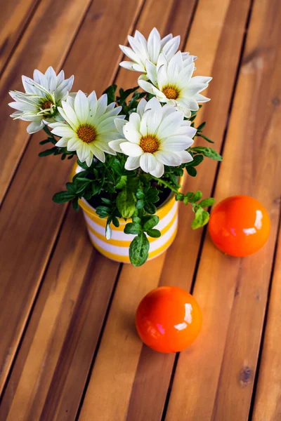 Pot Fleurs Avec Marguerites Sur Table Bois — Photo