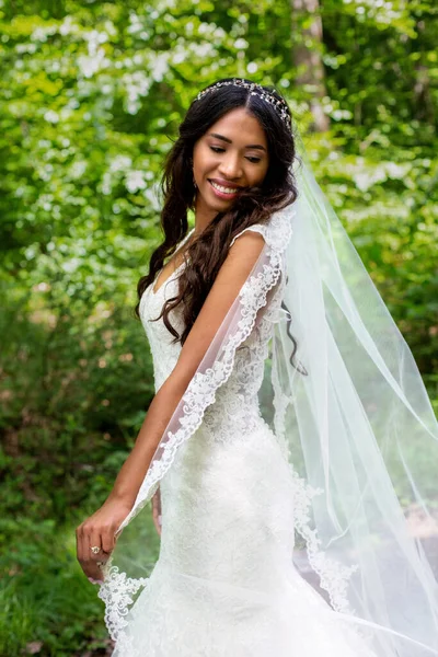 Portrait Beautiful African American Bride Standing White Gown Outdoors Nature — Fotografia de Stock