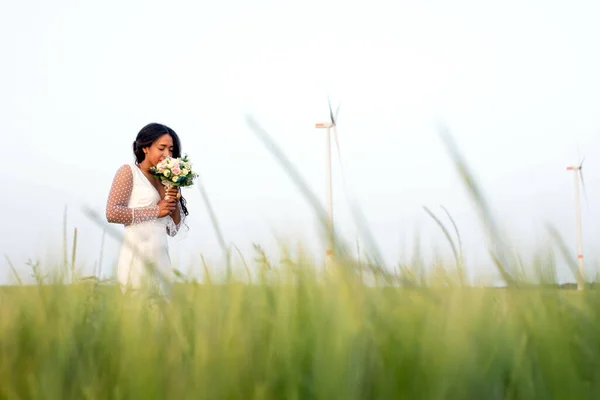 Happy African American Bride Standing Field — Stok fotoğraf