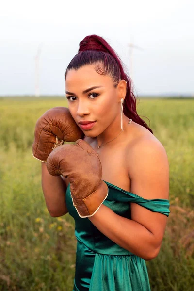 Beautiful Latina Woman Green Dress Boxing Gloves —  Fotos de Stock