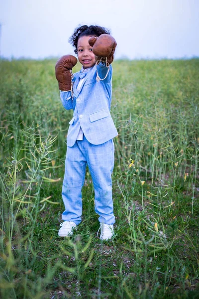 Black Boy Blue Suit Boxing Gloves Standing Field — Stok fotoğraf