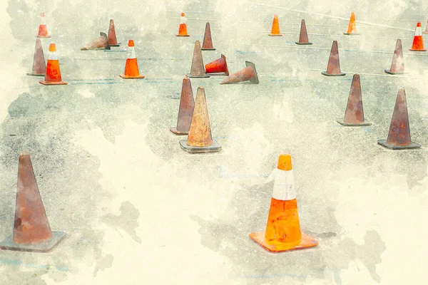 Group Traffic Cones Street Watercolor Style — Stock Photo, Image
