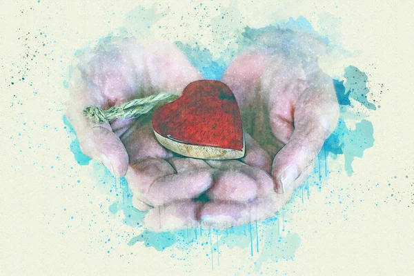 Close Old Hands Holding Heart Watercolor Style — Stok fotoğraf