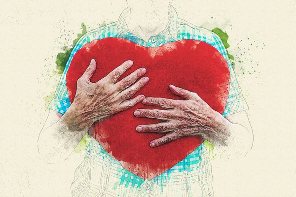 Close Older Womans Hand Holding Red Fluffy Heart Watercolor Style — Fotografia de Stock