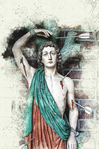 Wooden Statue Jesus Christ Arrows Watercolor Style — Stockfoto