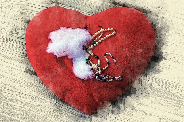 close-up of ripped open heart with jewelry in watercolor style