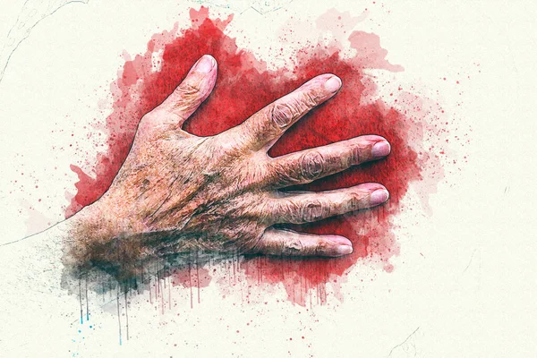 Old Wrinkled Hand Red Watercolor Style — Foto de Stock