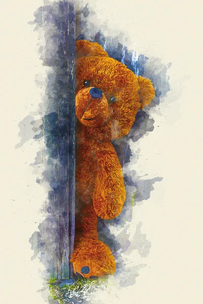 Brown Teddy Bear Lurking Door Watercolor Style — Stok Foto