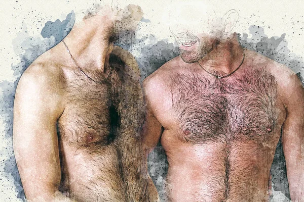 Two Men Naked Torso Watercolor Style — Zdjęcie stockowe