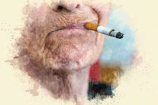 close-up of an wrinkled old woman smoking a cigarette in watercolor style