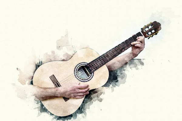 Man Playing Guitar Watercolor Style — Stockfoto