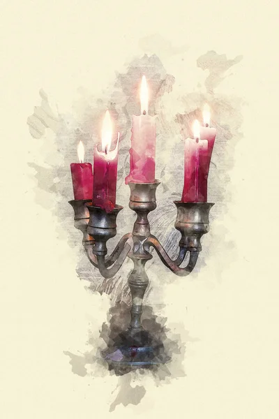 candle holder with red candles in watercolor style