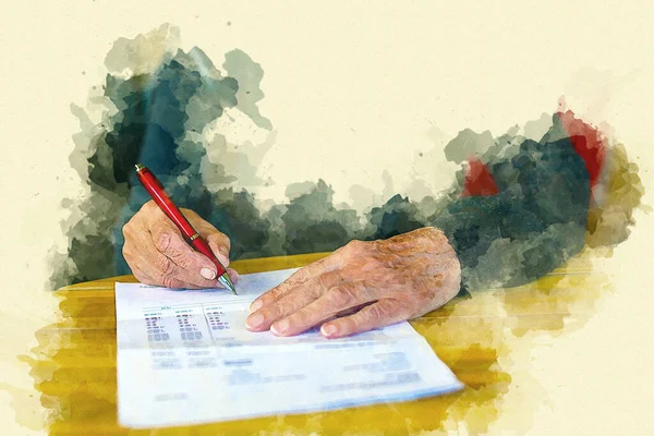 Close Old Womans Hand Signing Paper Watercolor Style — Fotografia de Stock