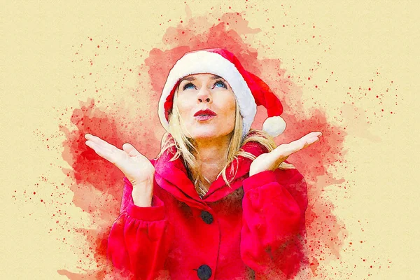 Blond Woman Dressed Santa Claus Watercolor Style — Stock Photo, Image