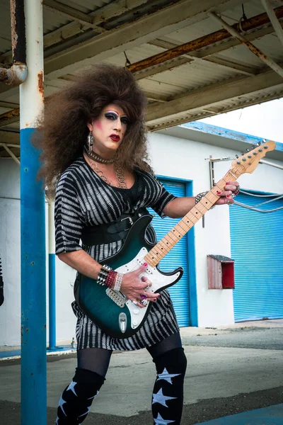 Portrait Drag Queen Rocker Big Wig Playing Guitar — Photo