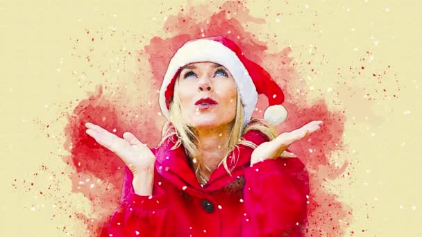 Cinemagraph Blond Woman Dressed Santa Claus Watercolor Style — Stockvideo