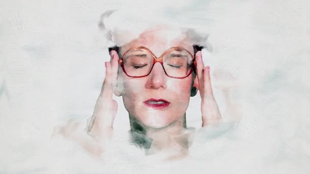 Cinemagraph Portrait Woman Headache Watercolor Style — Stock video