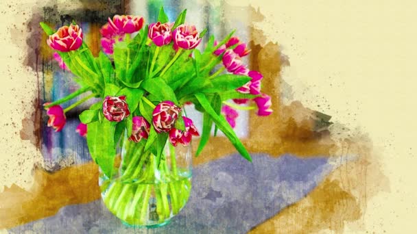 Cinemagraph Vase Tulips Table Watercolor Style — Vídeo de stock