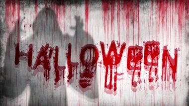 cinemagraph of halloween sprayed on a bloody wall next to the shadow of a ghost