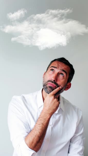 Cinemagraph Young Man White Shirt Looking Moving Cloud — Stockvideo