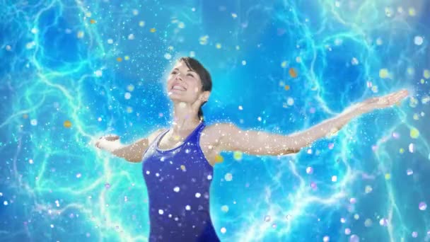 Cinemagraph Young Woman Spreading Her Arme Blue Glitter Background — Stock video